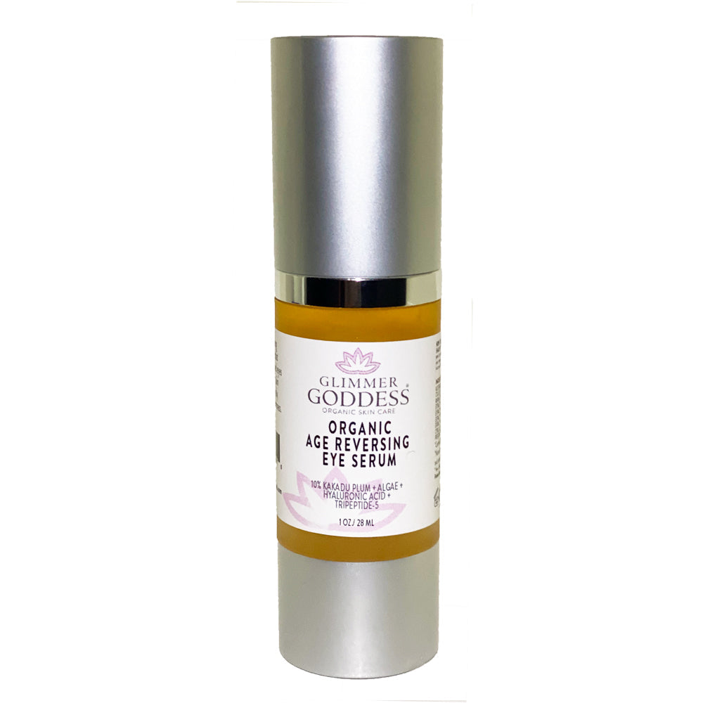 Glimmer Goddess organic age reversing eye serum bottle on a white background
